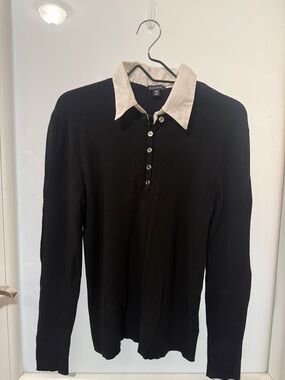 George Black Ribbed Long-Sleeve Polo with Cream Collar